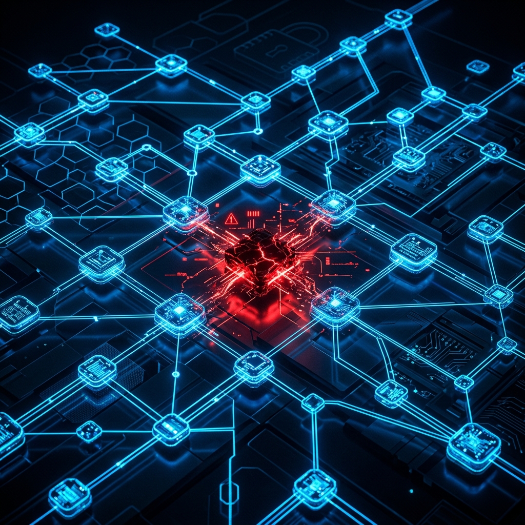Illustration of a glowing supply chain node turning red