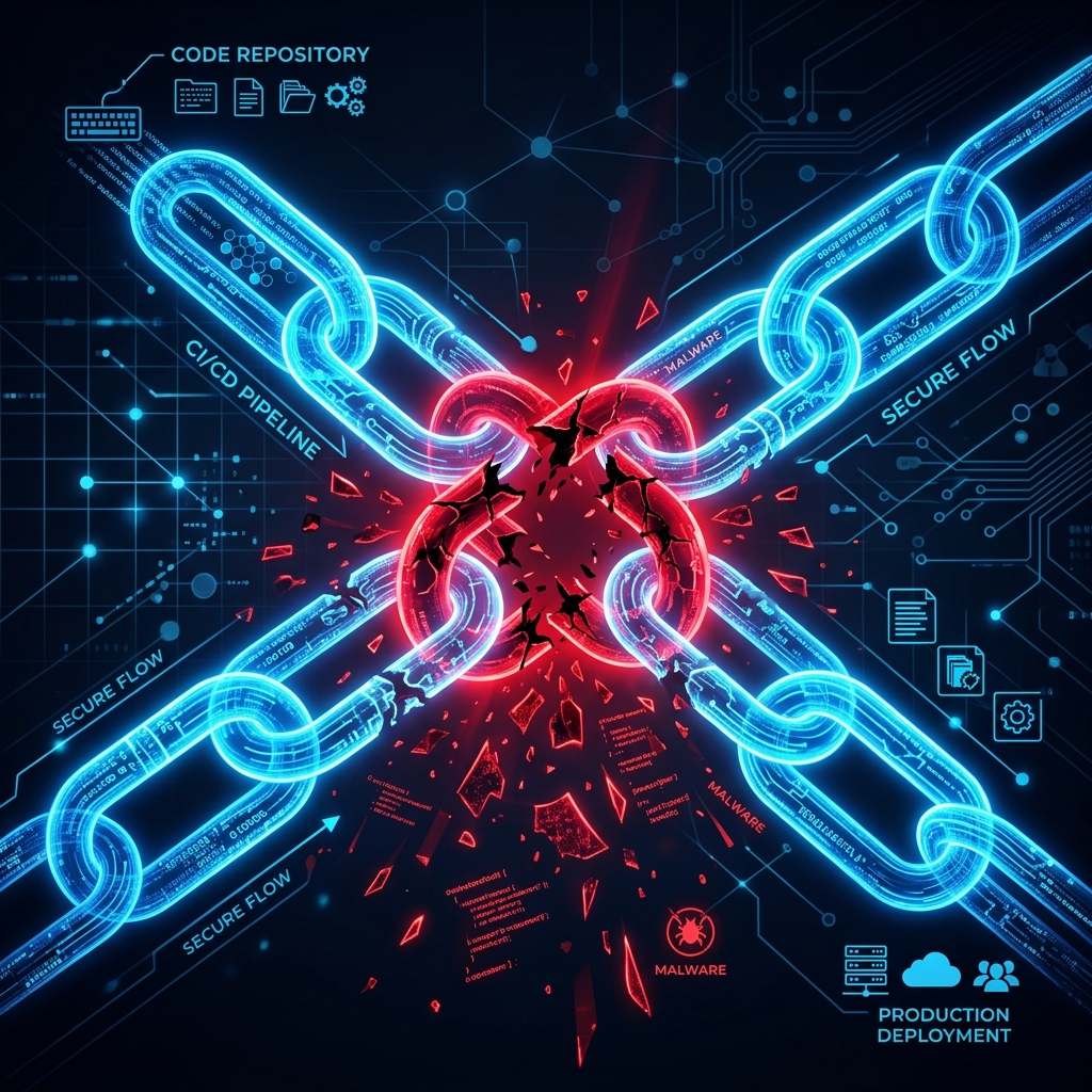 Illustration of a glowing tech data pipeline with one red, corrupted link breaking apart