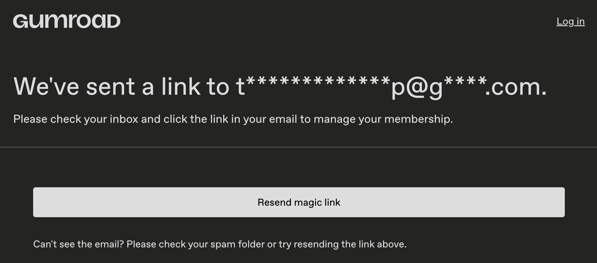 Gumroad magic link sent confirmation screen
